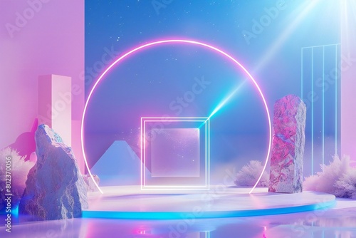 rendering, abstract geometric forms, podium for product presentation, minimal scene with neon light