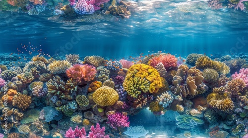Underwater view of a coral reef with many different types of coral and fish.