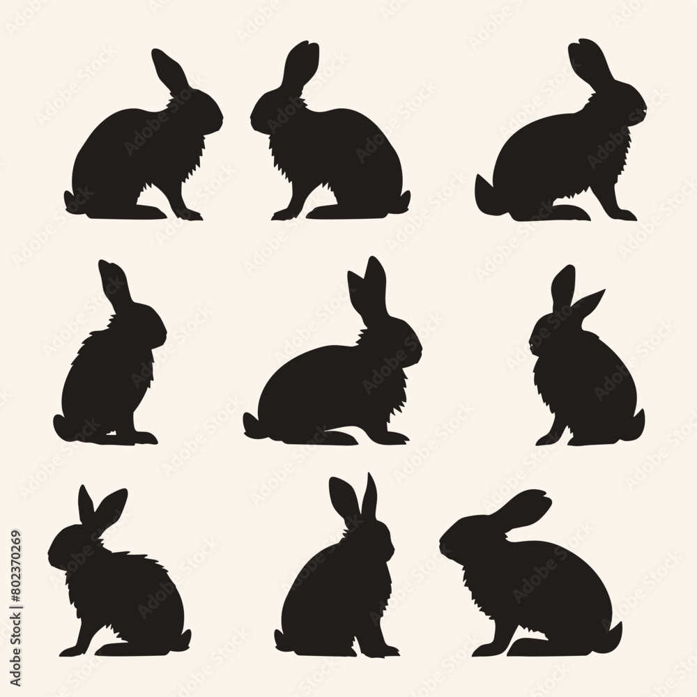Rabbit silhouette set of different poses black flat vector illustration