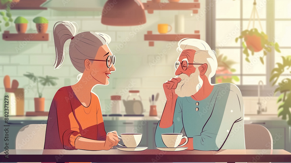 A loving Elderly married couple, a man and a woman with gray hair, are sitting at a table in a cozy and bright kitchen and drinking delicious and fragrant tea. Family traditions. Illustration A loving Elderly married couple, a man and a woman with gray hair, are sitting at a table in a cozy and bright kitchen and drinking delicious and fragrant tea. Family traditions. Illustration