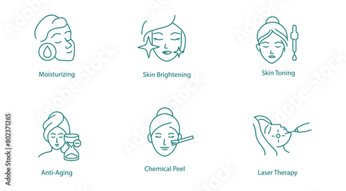 Moisturizing, Skin Brightening, Skin Toning, Anti-Aging, Chemical Peeling, Laser Treatment Vector Icons Collection