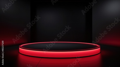 round podium red neon light on black background