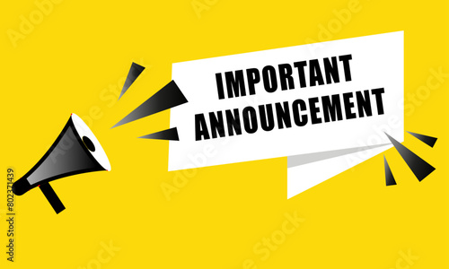 Male hand holding megaphone with announcement speech bubble. Banner for business advertising or marketing. Loudspeaker, vector illustration.