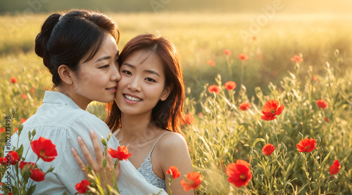Close up portrait of young asian lesbian couple hugging in summer or spring flower field, meadow enjoying sunny day, relaxing outdoors, romantic gay getaway in countryside nature