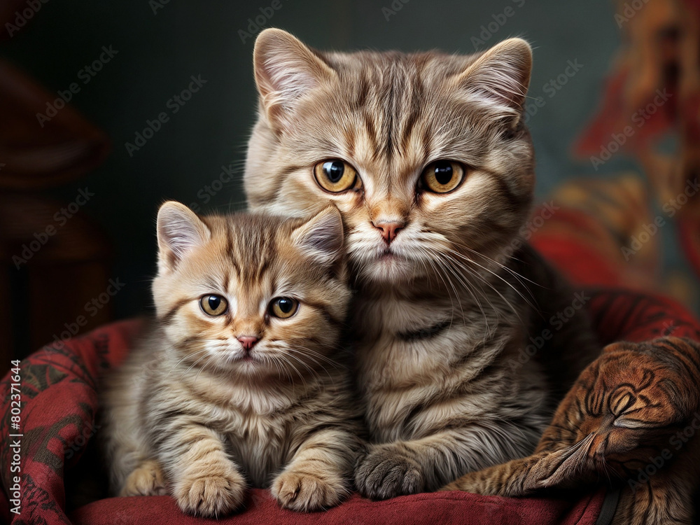 A mother cat and her kitten are sitting together on the sofa