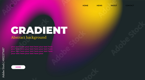 Abstract gradient web page design template, background with smooth blur shapes and sample text, copy space. Yellow, red. pink and black color.Copy space.Wavy liquid gradient mesh.Grapic design.