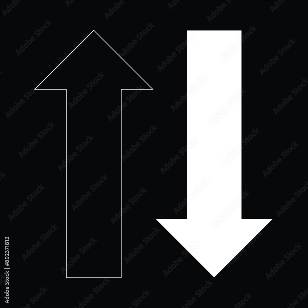Simple up and down arrows. Upward, downward arrows isolated on white background, set of two. Simple up and down arrows. Upward, downward arrows isolated on white background, set of two.