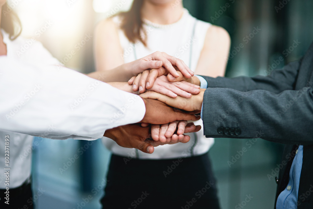 Businesspeople, group and office for hands, huddle and support for contract or project. Lawyer, partnership and collaboration for corporate law firm, professional attorney or legal consulting agency
