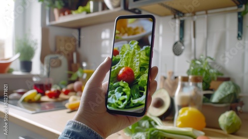 Hand Holding Smartphone in Kitchen photo
