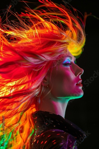 Fashion portrait of young beautiful woman with colorful hair on black background