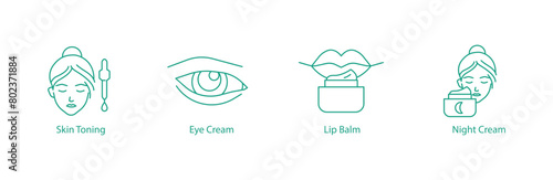 Skincare Essentials Icon Set: Skin Toning, Eye Cream, Lip Balm