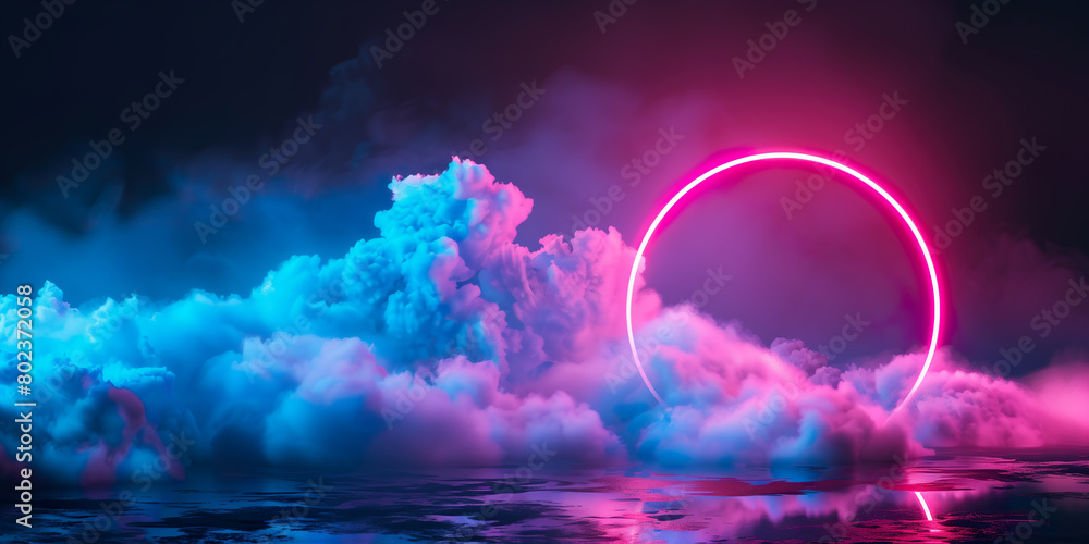  Abstract cloud illuminated with neon light ring on dark background