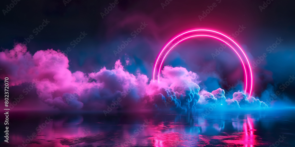 Abstract cloud illuminated with neon light ring on dark background Abstract cloud illuminated with neon light ring on dark background