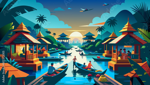 floating market in Thailand BANGKOK,THAILAND - JANUARY 30 : Damonen saduak floating market illustration Colorful Minimalist Illustration of Bangkok's Floating Market