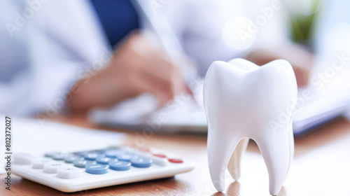 Close-up of a white tooth against the background of dentist who issues an invoice for dental services, treatment. Money from dental insurance. Dental care and money for implants