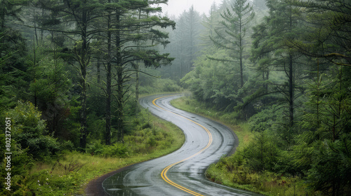 A wet road with trees in the background