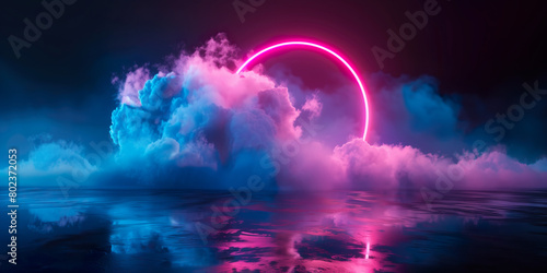  Abstract cloud illuminated with neon light ring on dark background