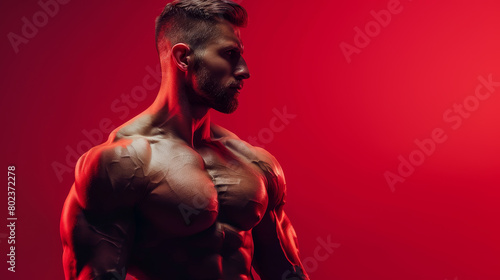 A man with a muscular body is standing in front of a red background
