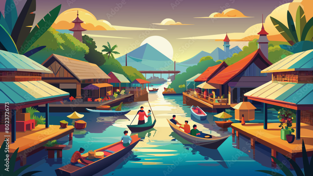 Obraz premium floating market in Thailand BANGKOK,THAILAND - JANUARY 30 : Damonen saduak floating market illustration Colorful Minimalist Illustration of Bangkok's Floating Market