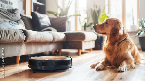 A curious puppy watches a robot vacuum cleaner in action, highlighting the interaction between pets and smart home devices. The concept of cleaning, cleanliness and hygiene in a modern home