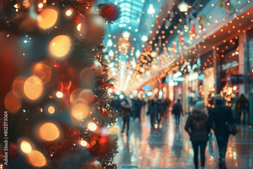 Bright and inviting image of a bustling shopping mall decorated for the holidays © reels