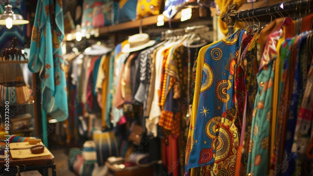 Obraz premium Vintage shop scene with a collection of retro clothing and accessories featuring astrology motifs, like zodiac sign scarves , arranged in an eclectic