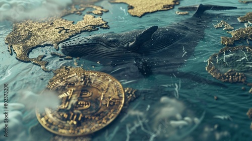 Detailed 3D visualization of a whale navigating through a sea of Bitcoin overlaid on a subtle world map