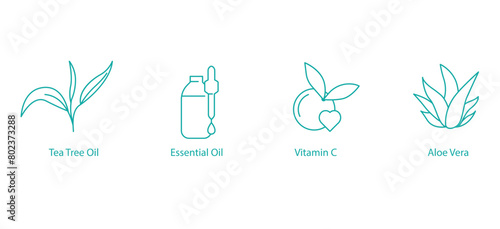 Vector Icon Set: Tea Tree Oil, Essential Oil, Vitamin C, Aloe Vera