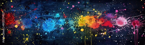 Vibrant splashes of colorful paint contrast sharply against a black background