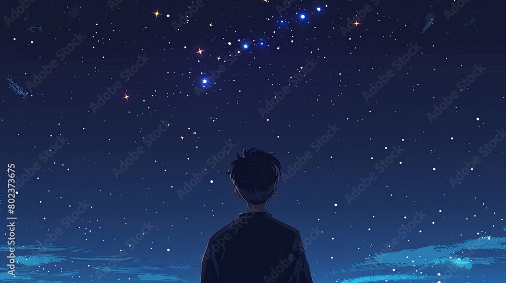 man at night looking up at the stars, blue