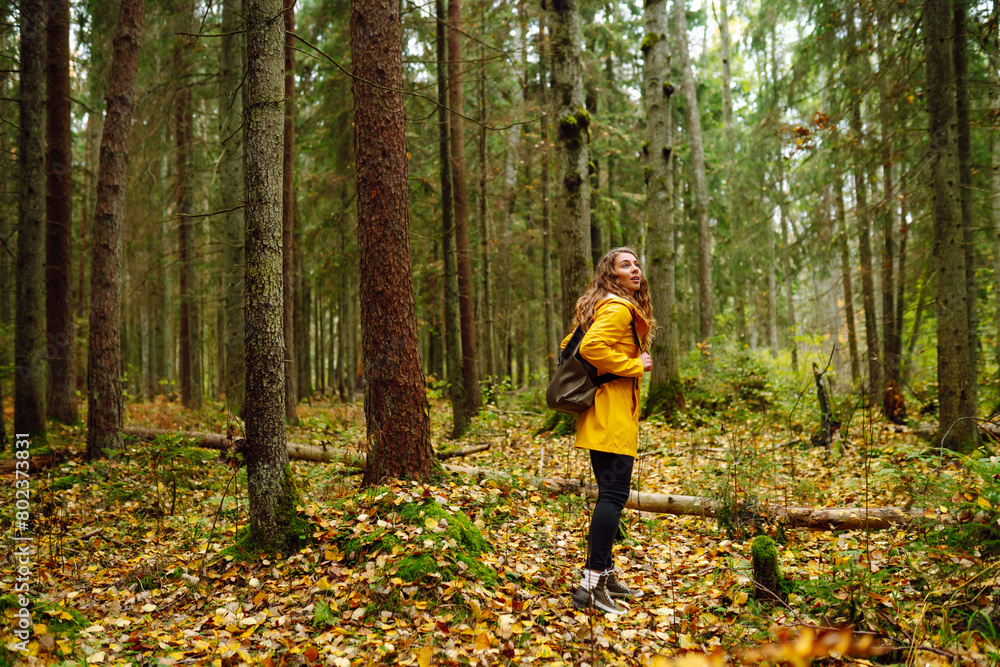 Happy female tourist walk in the autumn forest. Nature. Trips. Active lifestyle. Happy female tourist walk in the autumn forest. Nature. Trips. Active lifestyle.