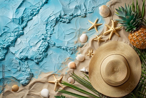 summer concept with beach accessories  straw hat  fresh pineapple. seashells  sea banner