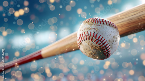 Baseball hitting a bat, detailed stadium audience, evening game, dynamic 3D vector, photo