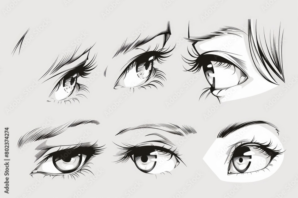 Fototapeta premium Drawing of a woman's eyes showing various expressions, suitable for graphic design projects