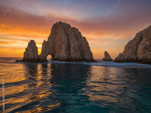 the beauty of the sunset illuminating the rocky formations and distinctive arches of Los Cabos  Mexico  in a striking composition.