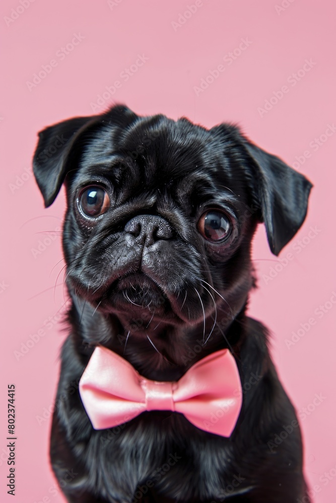 Cute black dog with a stylish pink bow tie, perfect for pet-related designs