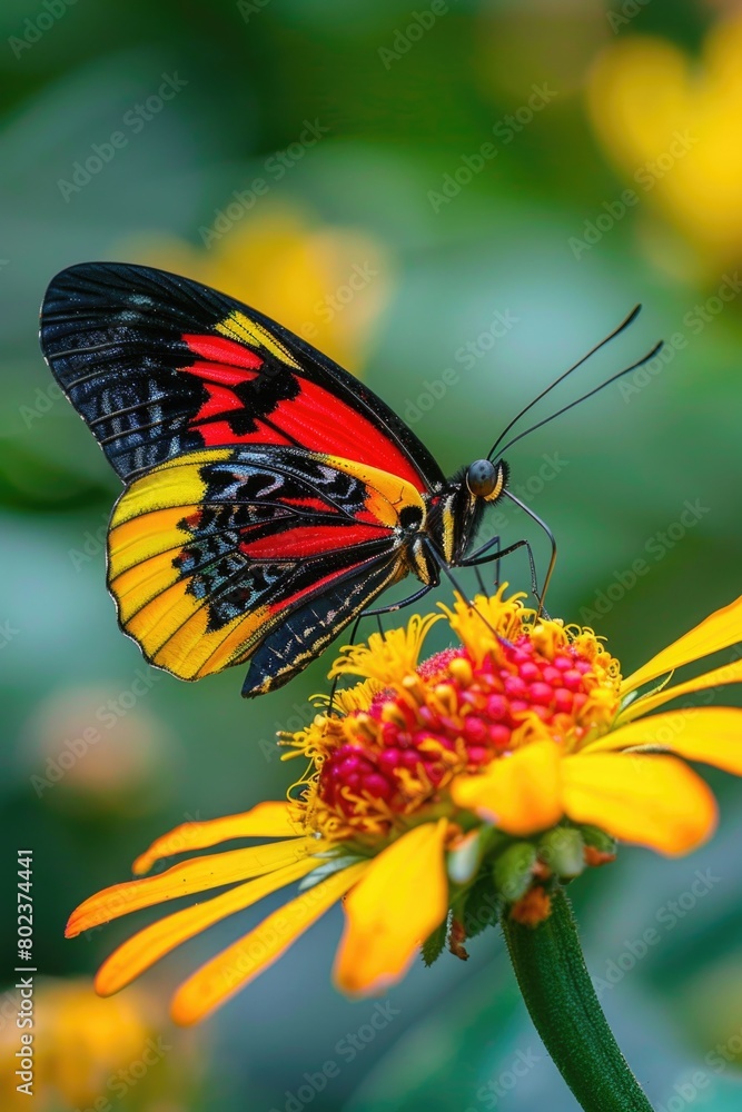Beautiful red and black butterfly perched on a vibrant yellow flower, suitable for nature and wildlife themes