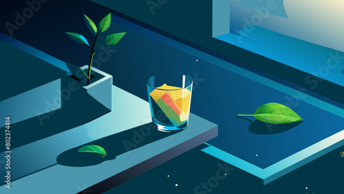 close-up side view on a black concrete surface, on it there are a small rose, lemongrass grass, a sprig of fresh green tea leaves against the backdrop of a spring garden and a dark sky, the light is c