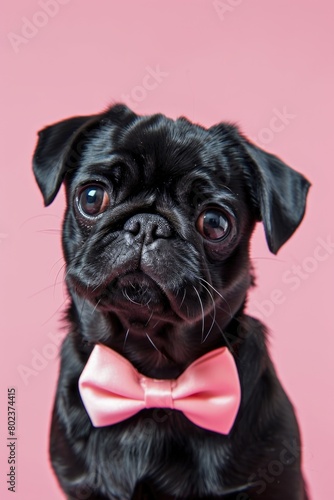 Cute black dog with a stylish pink bow tie, perfect for pet-related designs © Ева Поликарпова