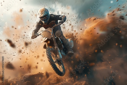 A person riding a dirt bike in the dirt. Suitable for sports and adventure concepts © Ева Поликарпова