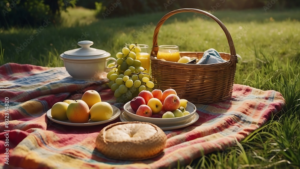 Picnic in the countryside. Picnic basket with fruit and juice.