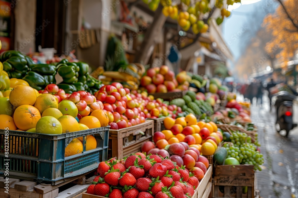 Vibrant fruit market stall with diverse offerings Vibrant fruit market stall with diverse offerings