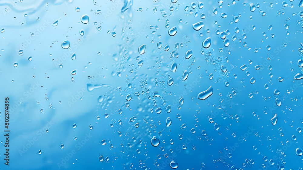 abstract close up of water drops on blue surface and Reflected of sunlight ,Rain drops on a window glass in a rainy day