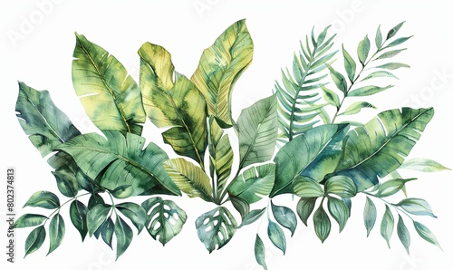 Watercolor banner tropical leaves and branches isolated