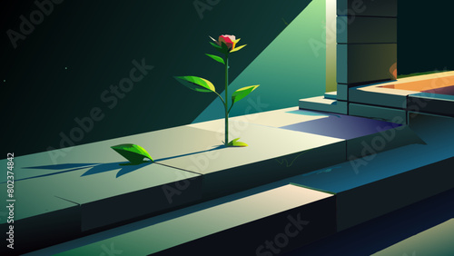 close-up side view on a black concrete surface, on it there are a small rose, lemongrass grass, a sprig of fresh green tea leaves against the backdrop of a spring garden and a dark sky, the light is c