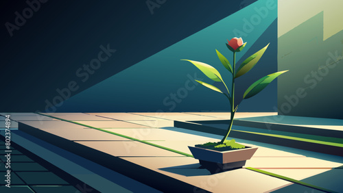 close-up side view on a black concrete surface, on it there are a small rose, lemongrass grass, a sprig of fresh green tea leaves against the backdrop of a spring garden and a dark sky, the light is c