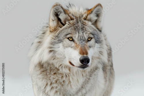 Closeup portrait of a gray wolf on a white background in the studio