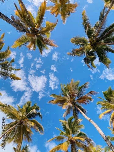 Tropical Palm Canopy Under Blue Sky 