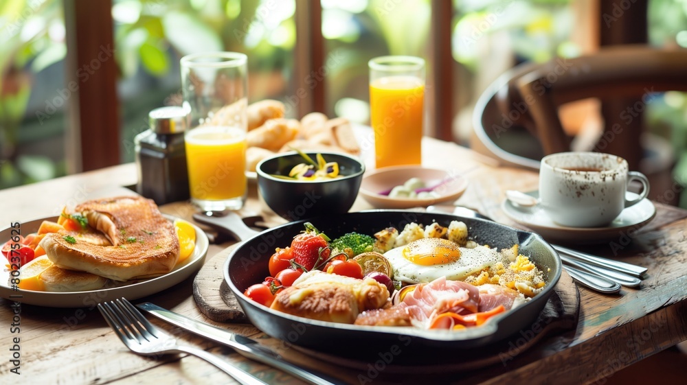 Sumptuous breakfast spread with pancakes, eggs, fruits, and coffee.