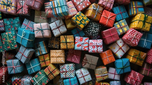 Colorful gift boxes piled up in a creative and festive arrangement.